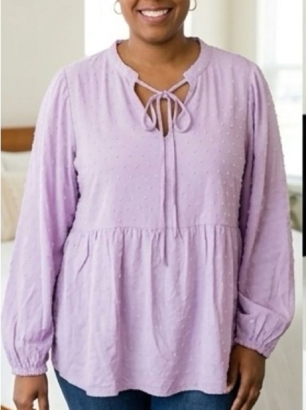 Tie-Neck Peasant Blouse in Lilac - Women's Long Sleeve Top